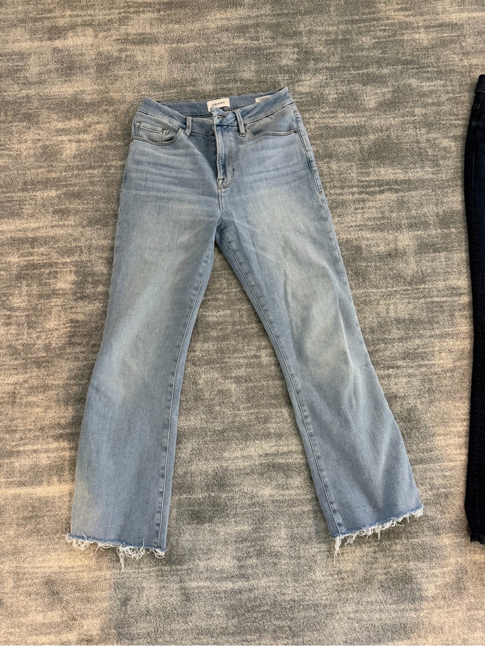 Frame Denim Light Blue Flare Jeans with Frayed Hem